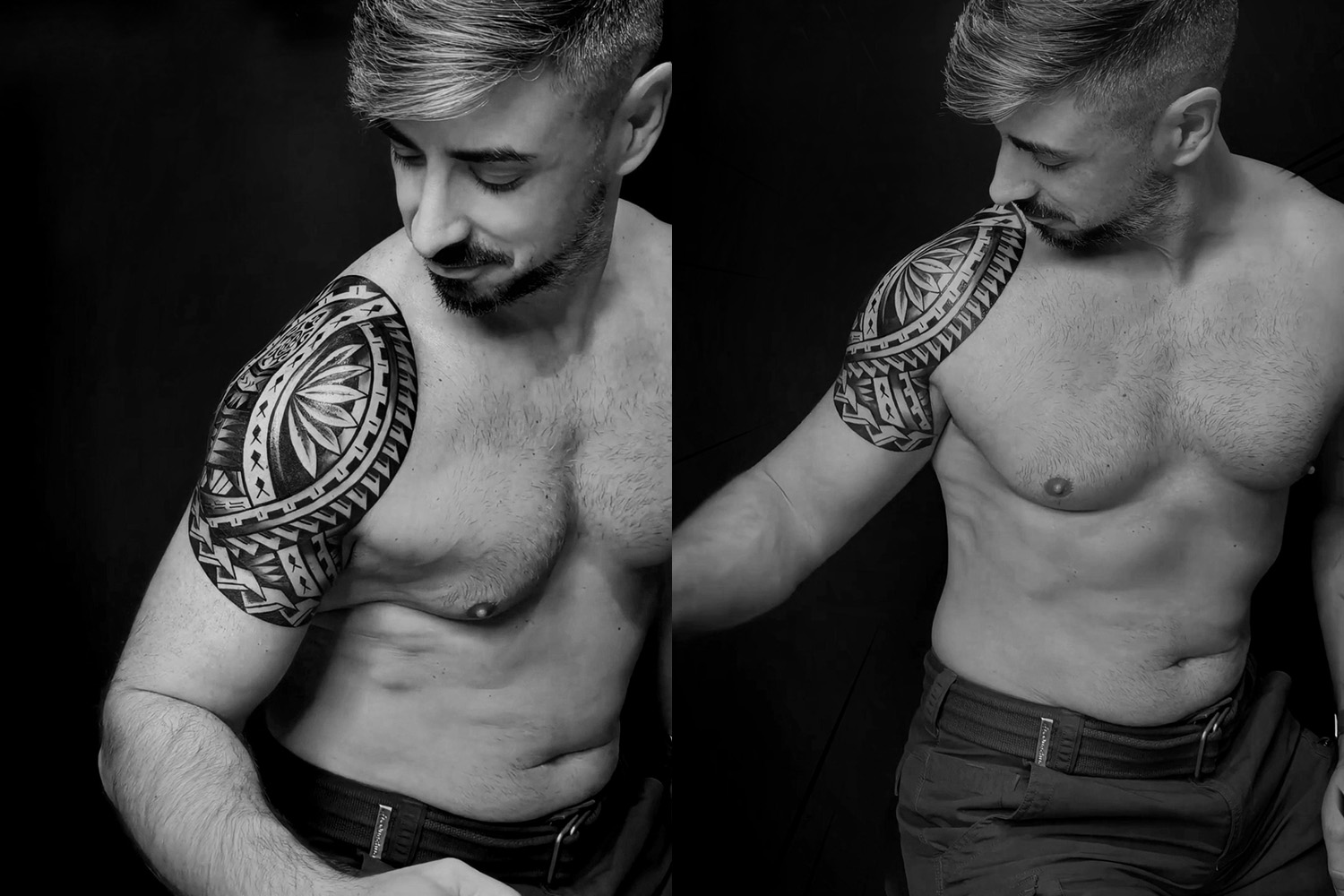 Tatuaje estilo samoano con tortuga maorí en el hombro