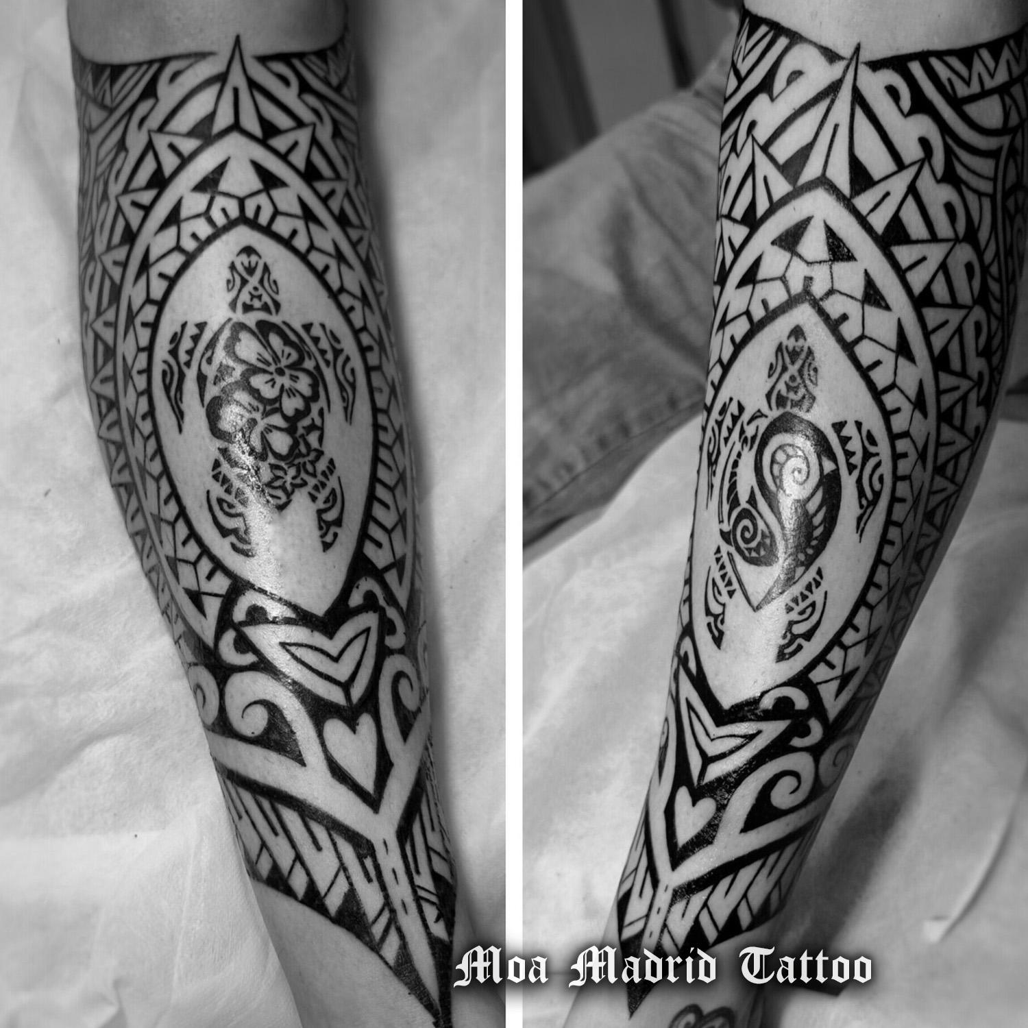 Tatuaje maorí doble de tortugas en las piernas