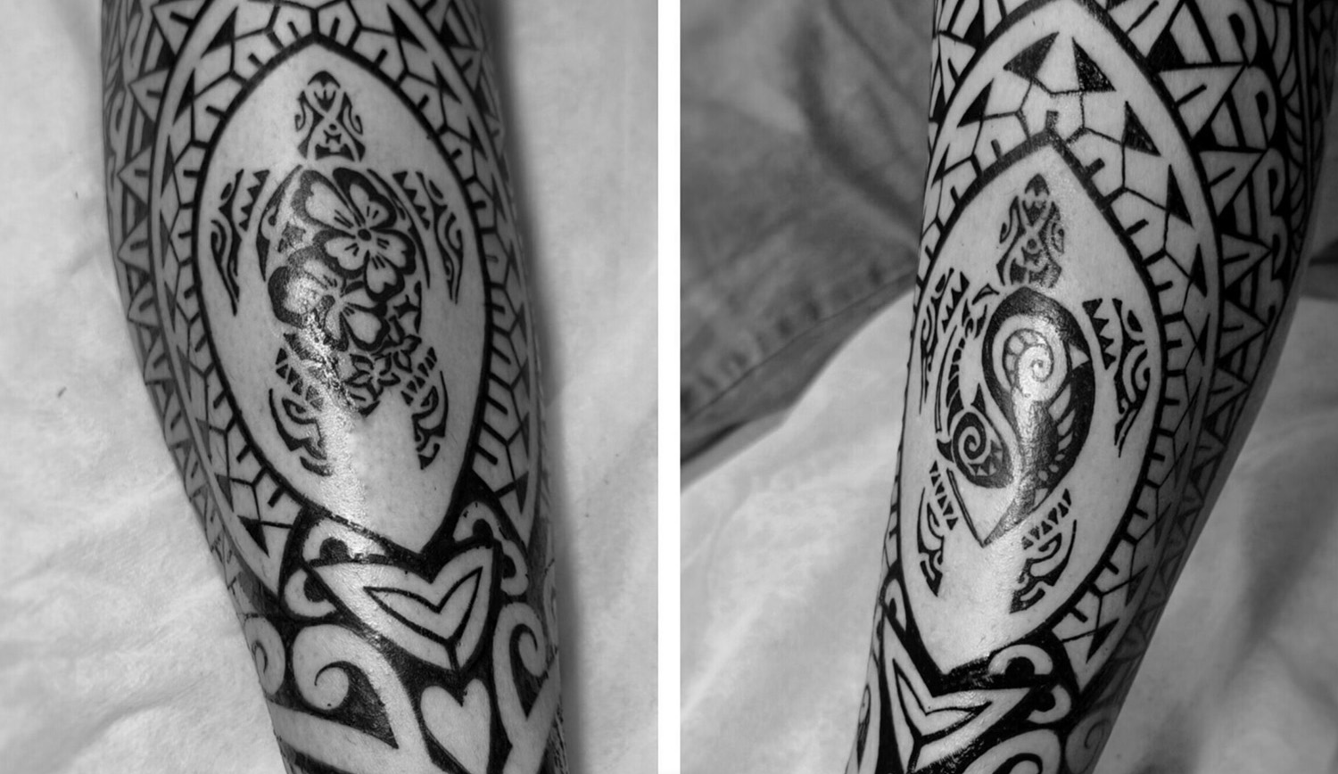 Doble tatuaje maorí y samoano en las piernas